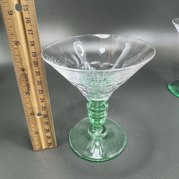 Seneca Theodule Clear Top Green Uranium Stem Optic Cut Top Sherbets Cups Set 2 - Picture 6 of 14